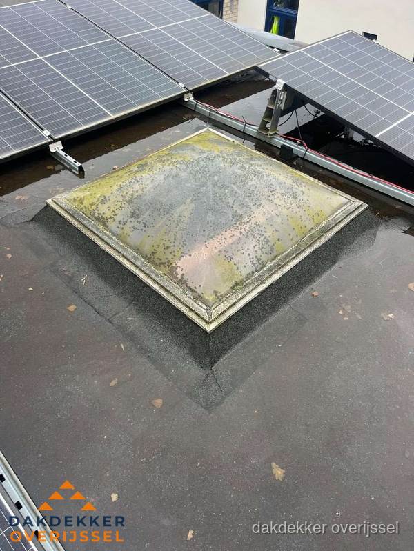 Vervuilde lichtkoepel op plat dak met zonnepanelen in Overijssel