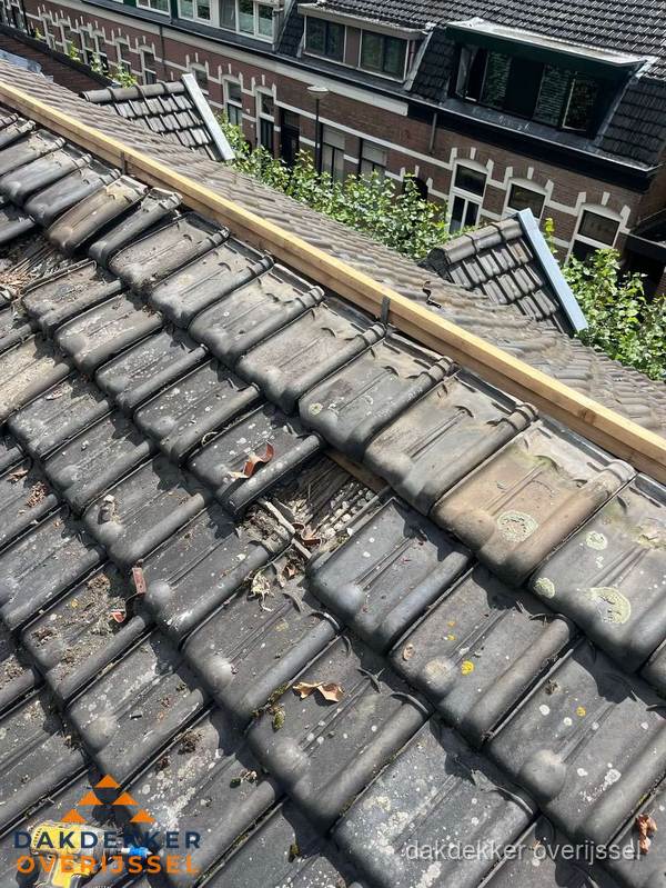 Dakonderhoud aan schuin pannendak met nokvernieuwing in Overijssel