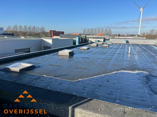 Plat dak bedrijfspand met bitumen dakbedekking en lichtkoepels in Overijssel
