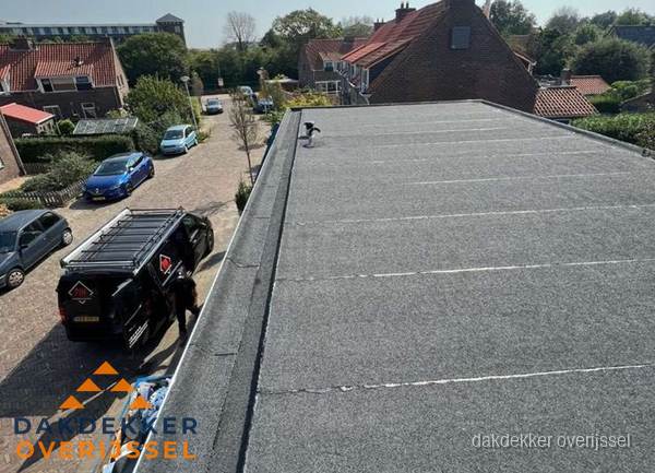 Nieuw bitumen plat dak met uitzicht over woonwijk in Overijssel